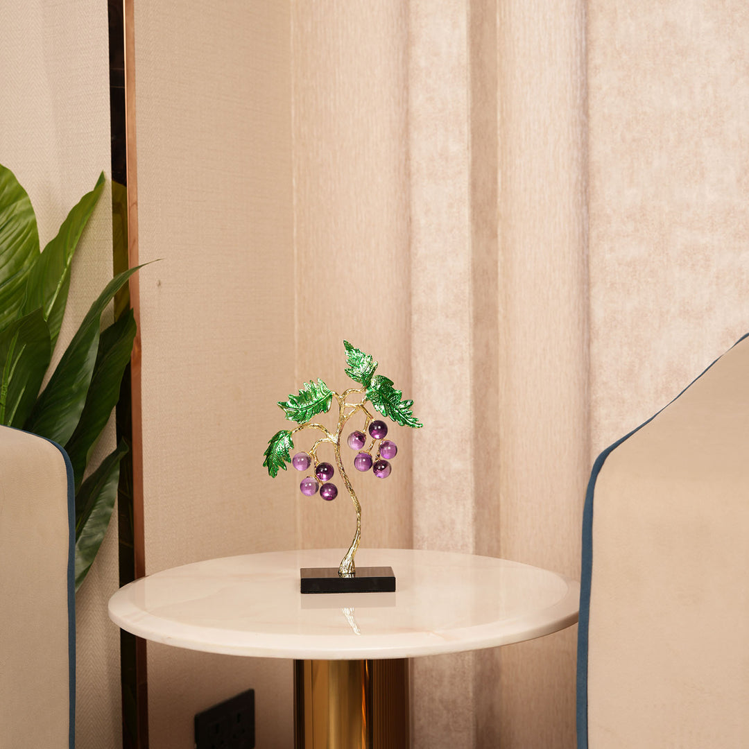 Crystal Grape Cluster with Green Leaves Showpiece