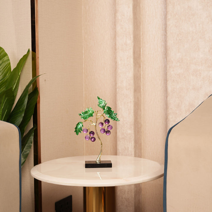 Crystal Grape Cluster with Green Leaves Showpiece