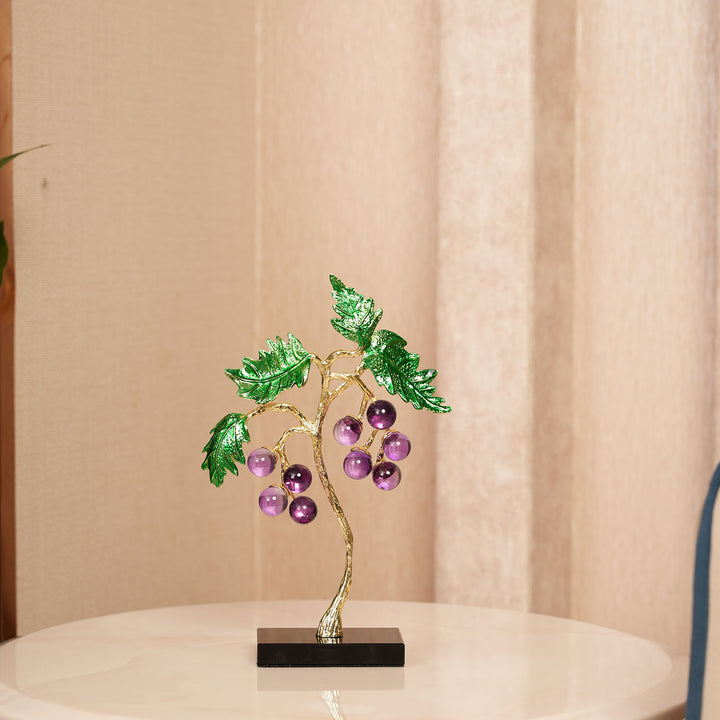 Crystal Grape Cluster with Green Leaves Showpiece