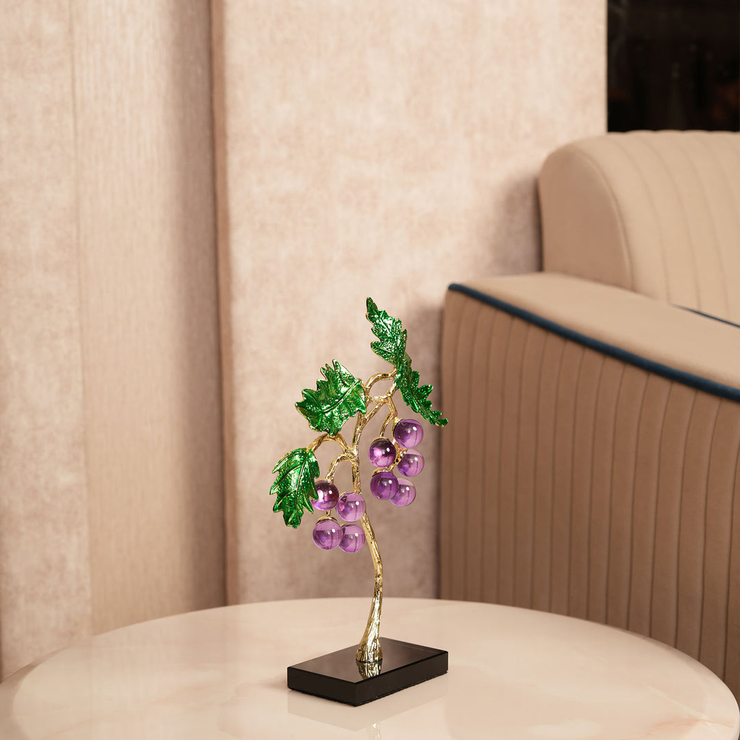 Crystal Grape Cluster with Green Leaves Showpiece