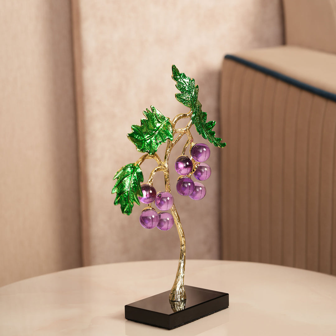Crystal Grape Cluster with Green Leaves Showpiece