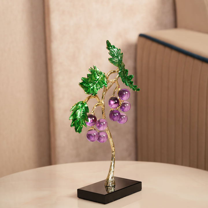 Crystal Grape Cluster with Green Leaves Showpiece