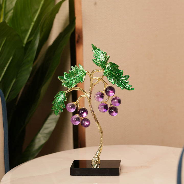 Crystal Grape Cluster with Green Leaves Showpiece