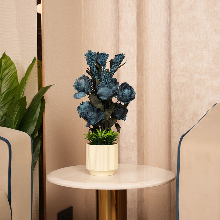 Artificial Dark Blue Roses With Ceramic Pot