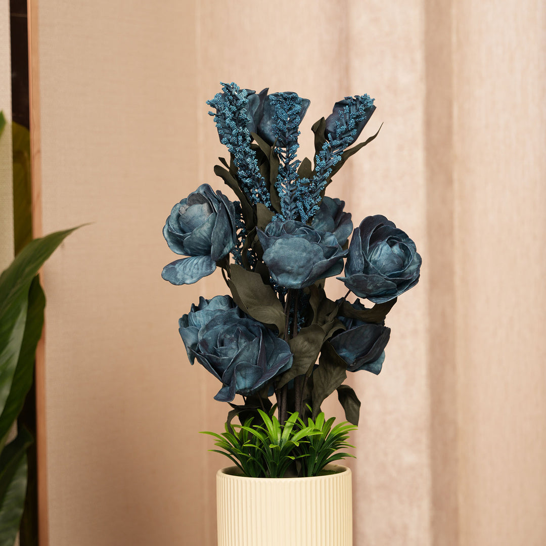 Artificial Dark Blue Roses With Ceramic Pot