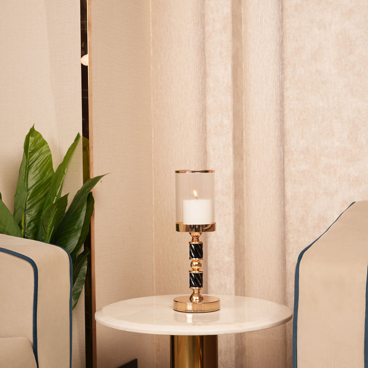 Premium Black-Spindle Candle Holder With Fulted Glass Accent - Large