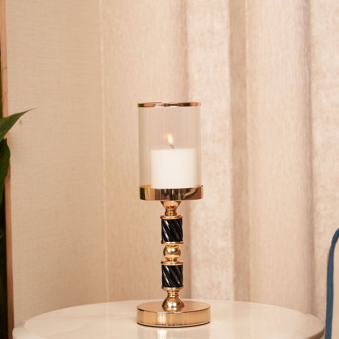 Premium Black-Spindle Candle Holder With Fulted Glass Accent - Large