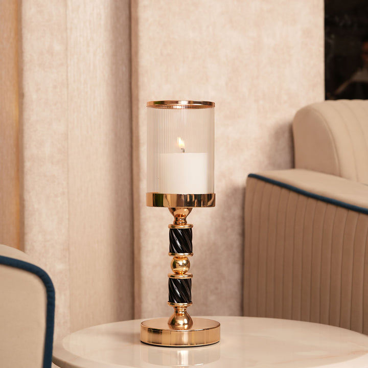 Premium Black-Spindle Candle Holder With Fulted Glass Accent - Large
