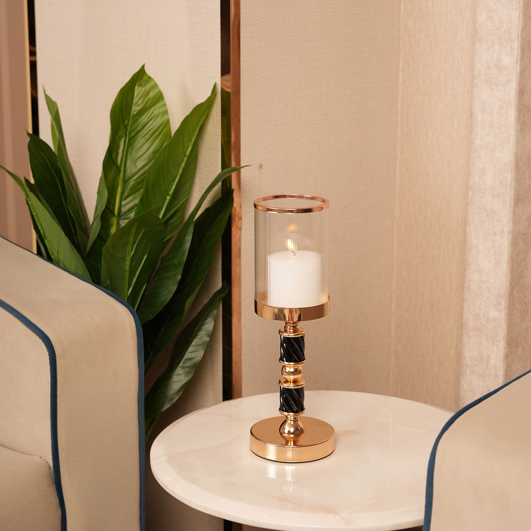 Premium Black-Spindle Candle Holder With Fulted Glass Accent - Large