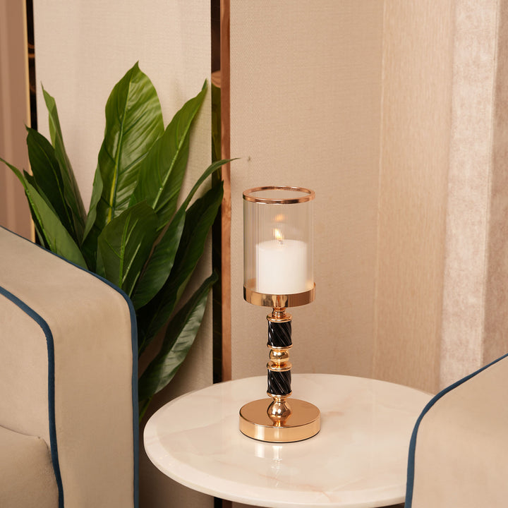 Premium Black-Spindle Candle Holder With Fulted Glass Accent - Large
