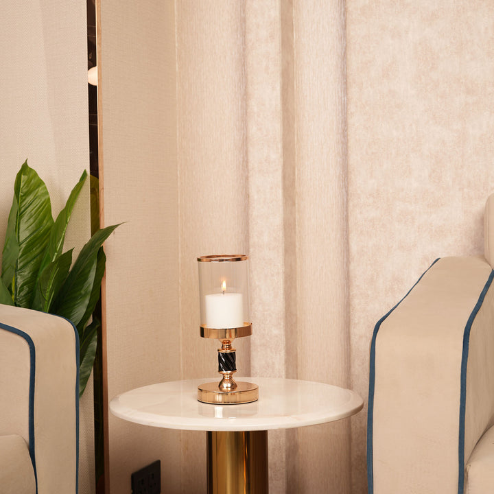 Premium Black-Spindle Candle Holder With Fulted Glass Accent - Medium