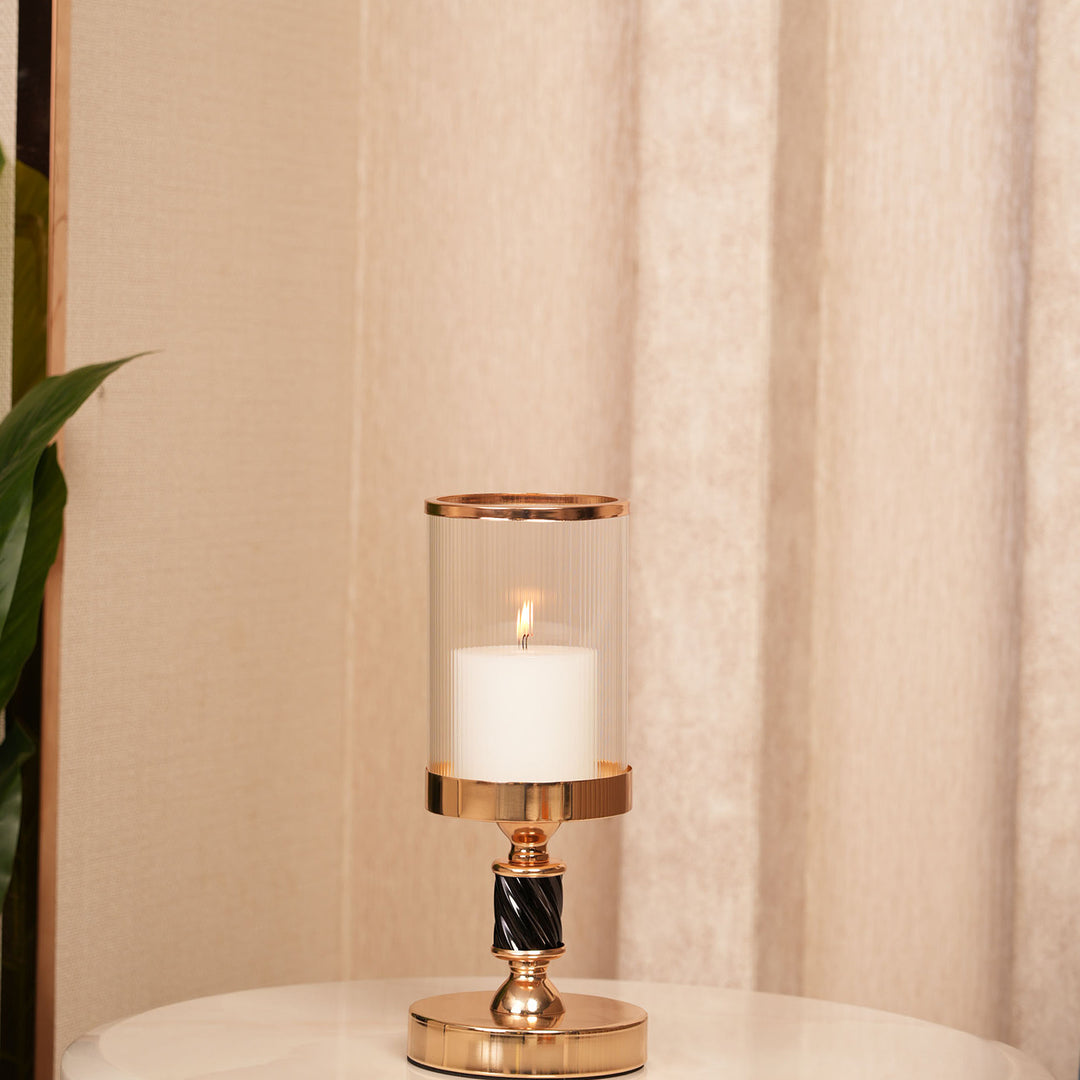 Premium Black-Spindle Candle Holder With Fulted Glass Accent - Medium