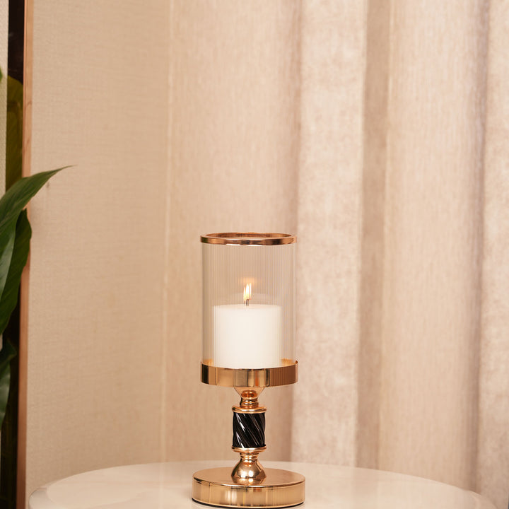 Premium Black-Spindle Candle Holder With Fulted Glass Accent - Medium