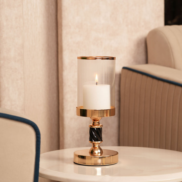 Premium Black-Spindle Candle Holder With Fulted Glass Accent - Medium