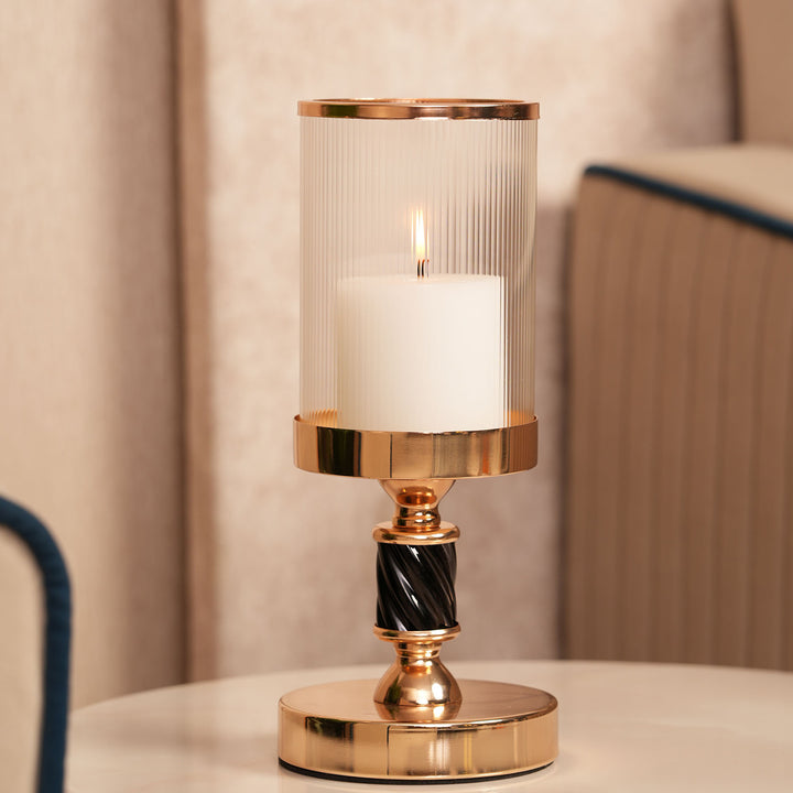 Premium Black-Spindle Candle Holder With Fulted Glass Accent - Medium