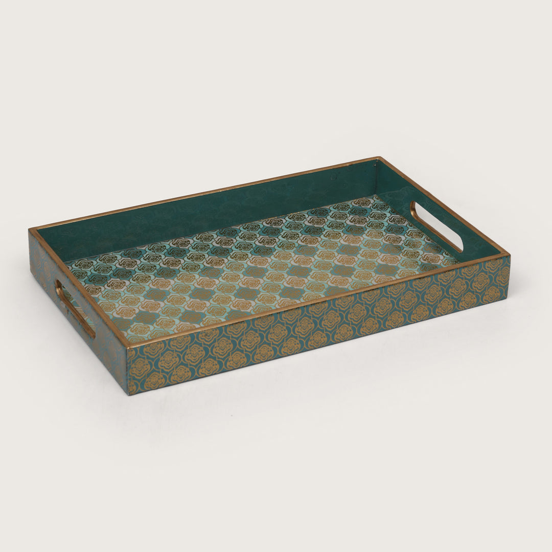 Teal and Gold Damask Decorative Nesting Serving Trays with Integrated Handles-Set of 3
