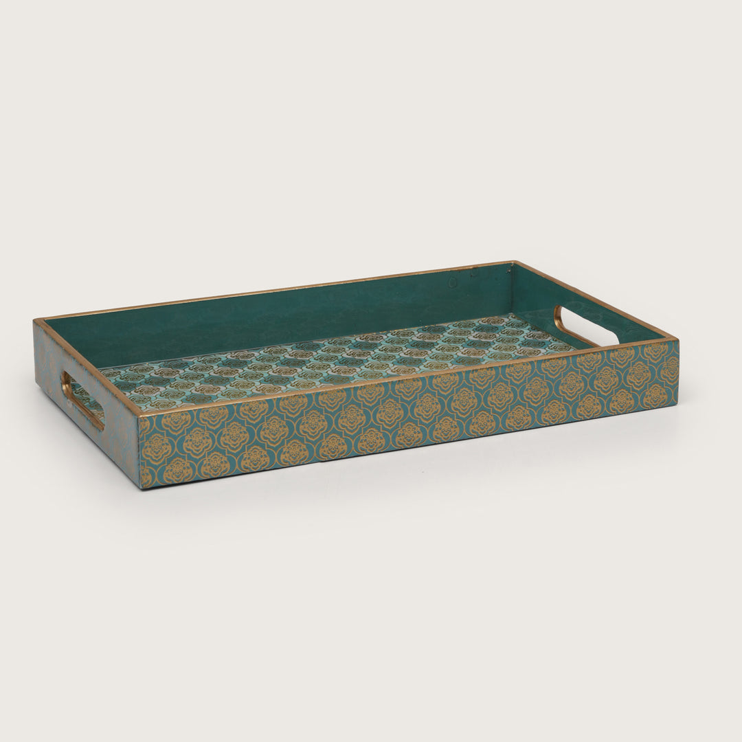 Teal and Gold Damask Decorative Nesting Serving Trays with Integrated Handles-Set of 3
