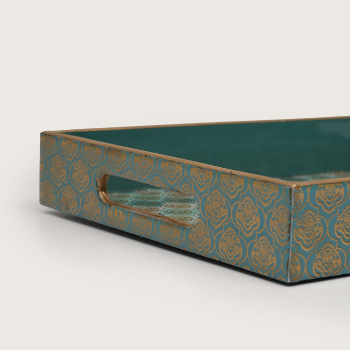 Teal and Gold Damask Decorative Nesting Serving Trays with Integrated Handles-Set of 3