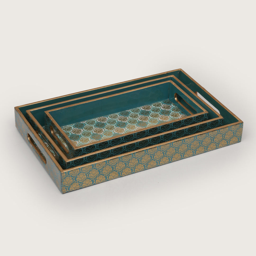 Teal and Gold Damask Decorative Nesting Serving Trays with Integrated Handles-Set of 3