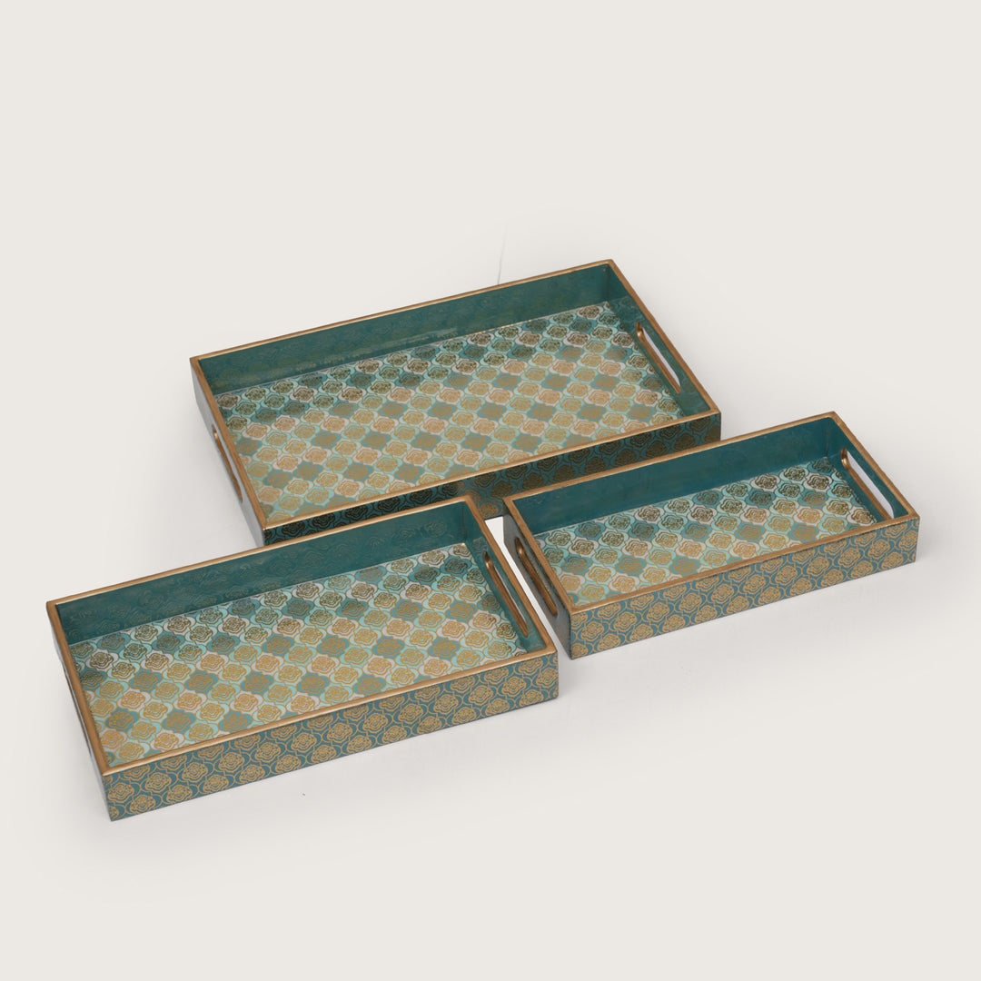 Teal and Gold Damask Decorative Nesting Serving Trays with Integrated Handles-Set of 3