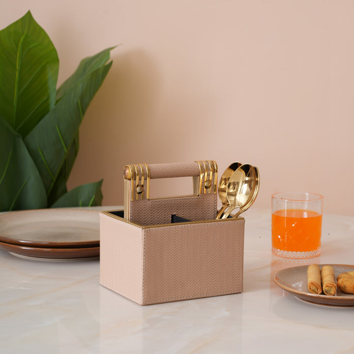 Leather Cutlery Stand with 4 Divider - Beige