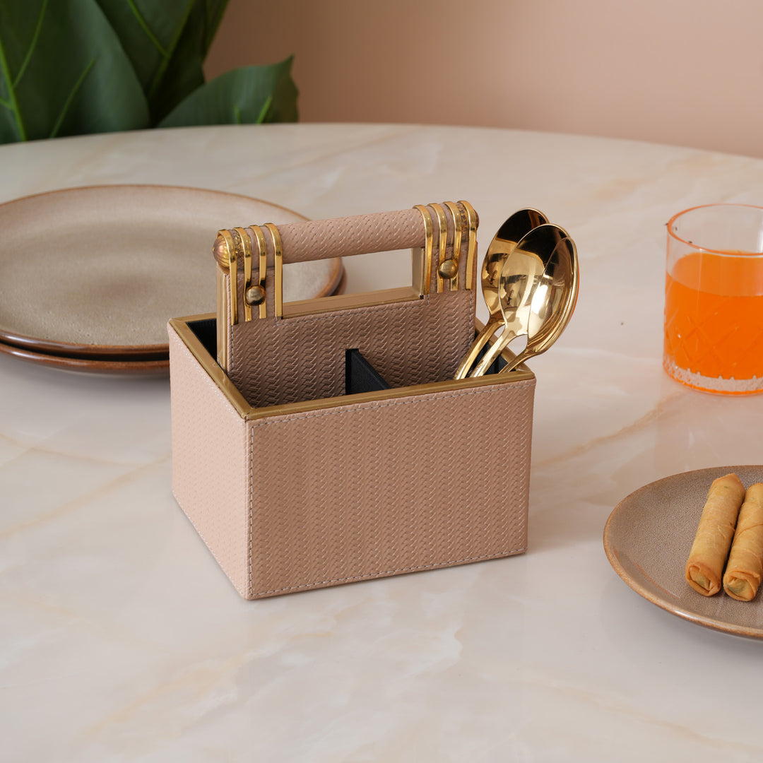 Leather Cutlery Stand with 4 Divider - Beige