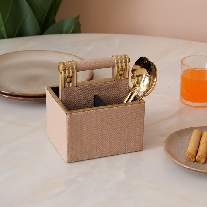 Leather Cutlery Stand with 4 Divider - Beige