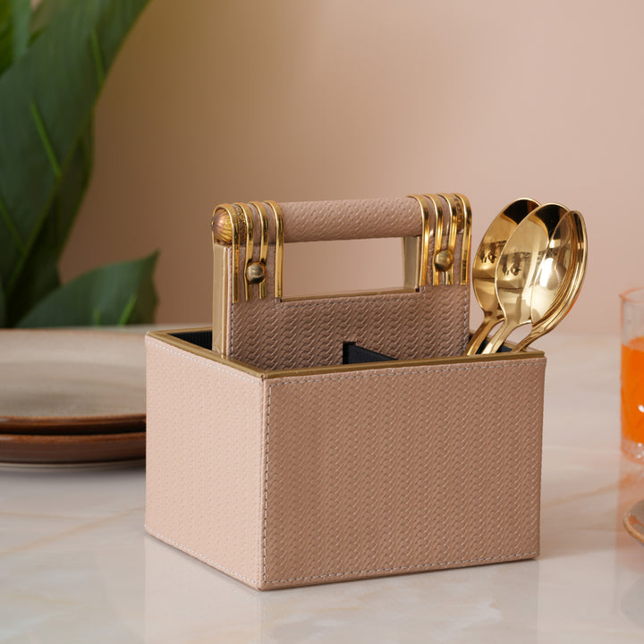 Leather Cutlery Stand with 4 Divider - Beige