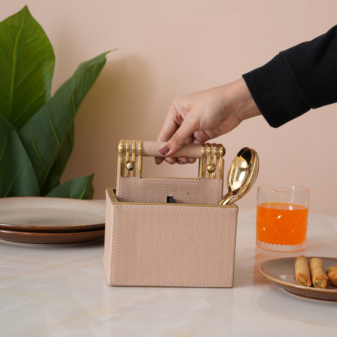 Leather Cutlery Stand with 4 Divider - Beige