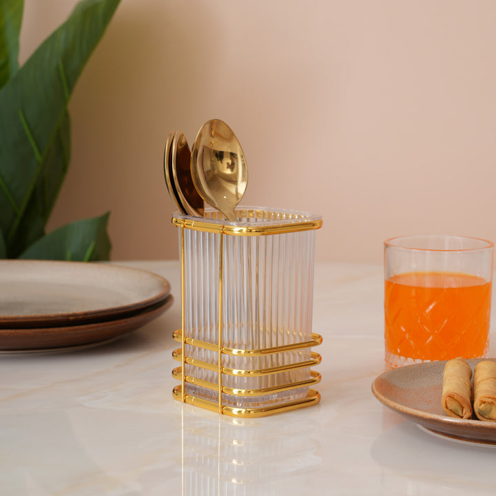 Elegant  Transparent Cutlery Stand With Gold Finish