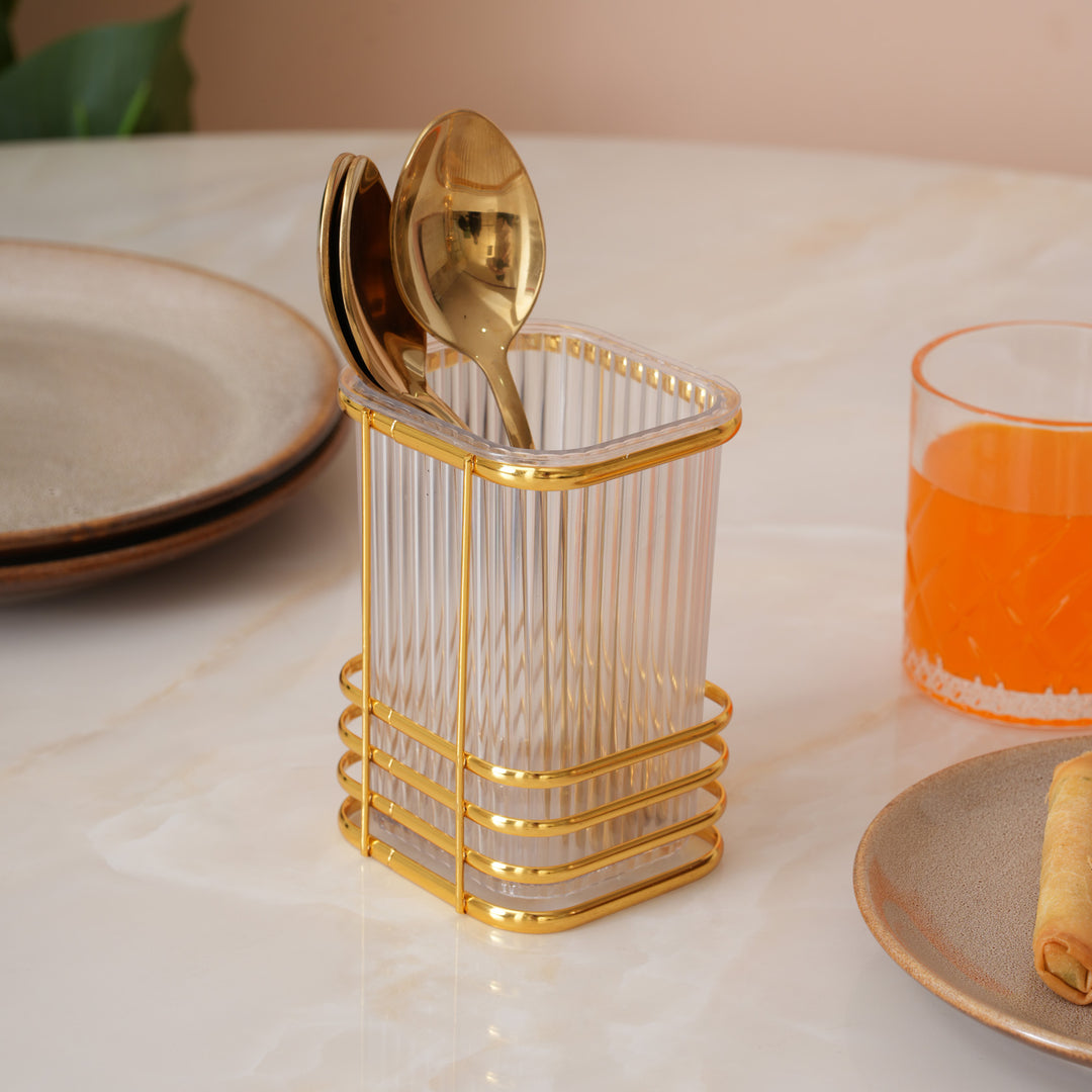 Elegant  Transparent Cutlery Stand With Gold Finish