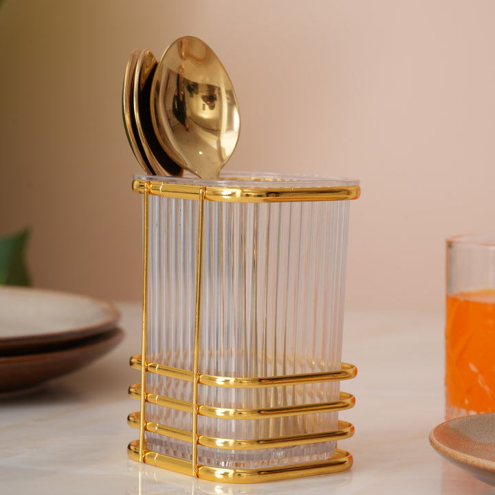 Elegant  Transparent Cutlery Stand With Gold Finish