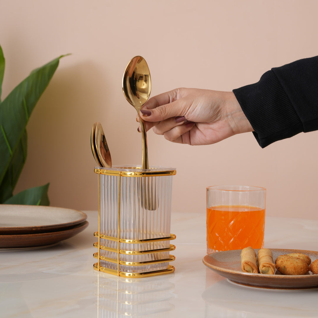 Elegant  Transparent Cutlery Stand With Gold Finish
