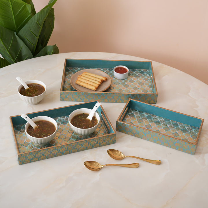 Teal and Gold Damask Decorative Nesting Serving Trays with Integrated Handles-Set of 3