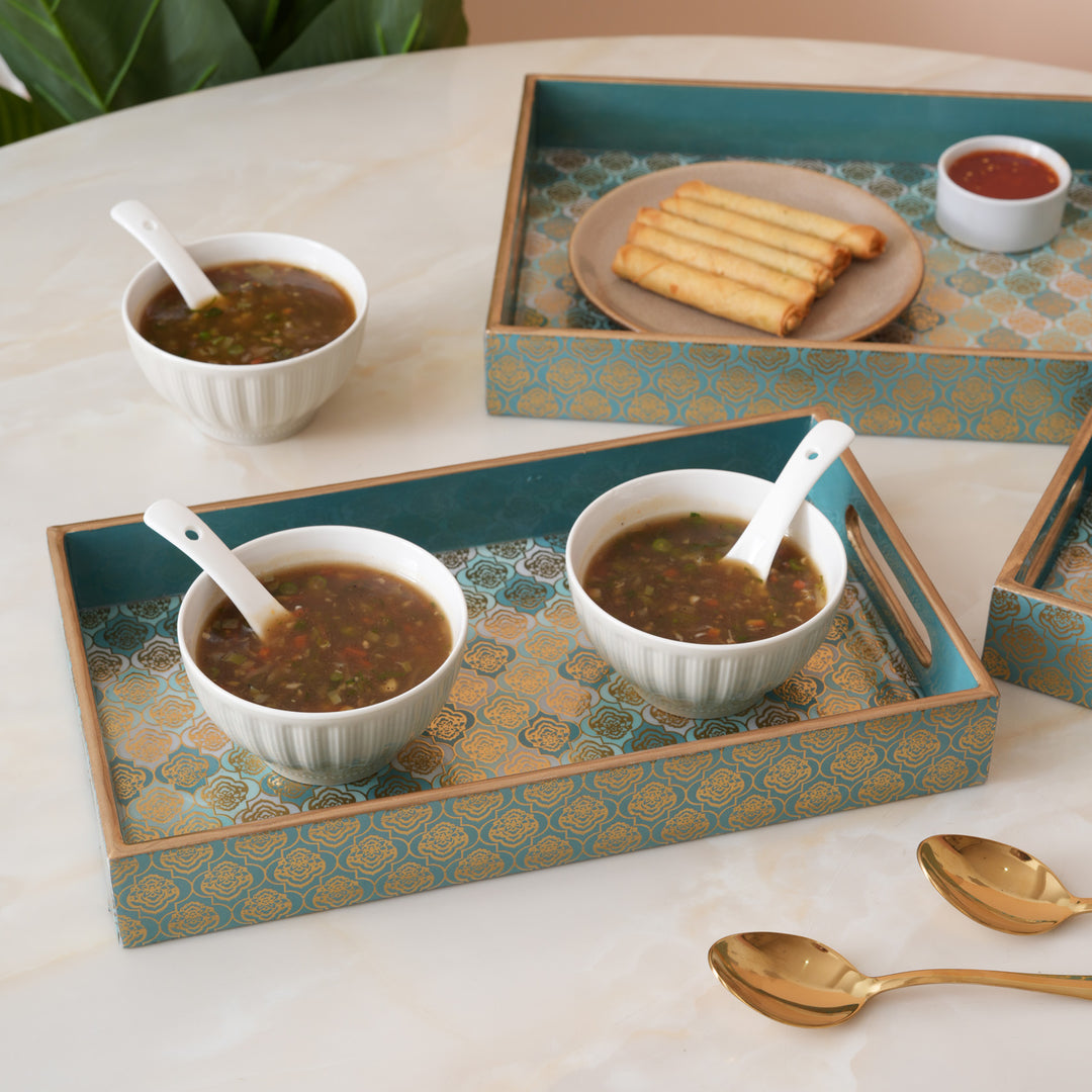 Teal and Gold Damask Decorative Nesting Serving Trays with Integrated Handles-Set of 3