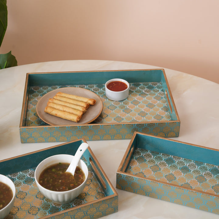 Teal and Gold Damask Decorative Nesting Serving Trays with Integrated Handles-Set of 3