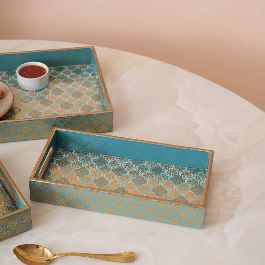 Teal and Gold Damask Decorative Nesting Serving Trays with Integrated Handles-Set of 3