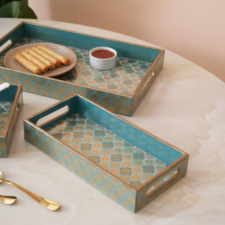 Teal and Gold Damask Decorative Nesting Serving Trays with Integrated Handles-Set of 3