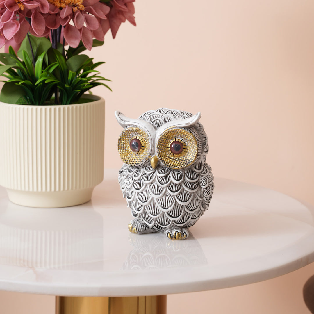 Textured White and Gold Resin Owl Sculpture
