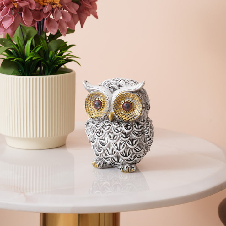 Textured White and Gold Resin Owl Sculpture