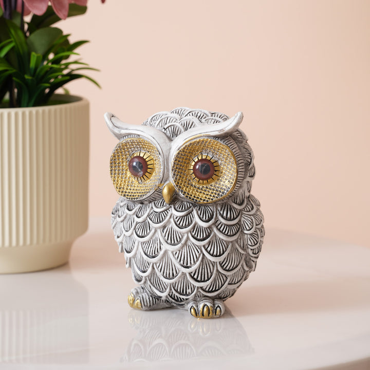 Textured White and Gold Resin Owl Sculpture