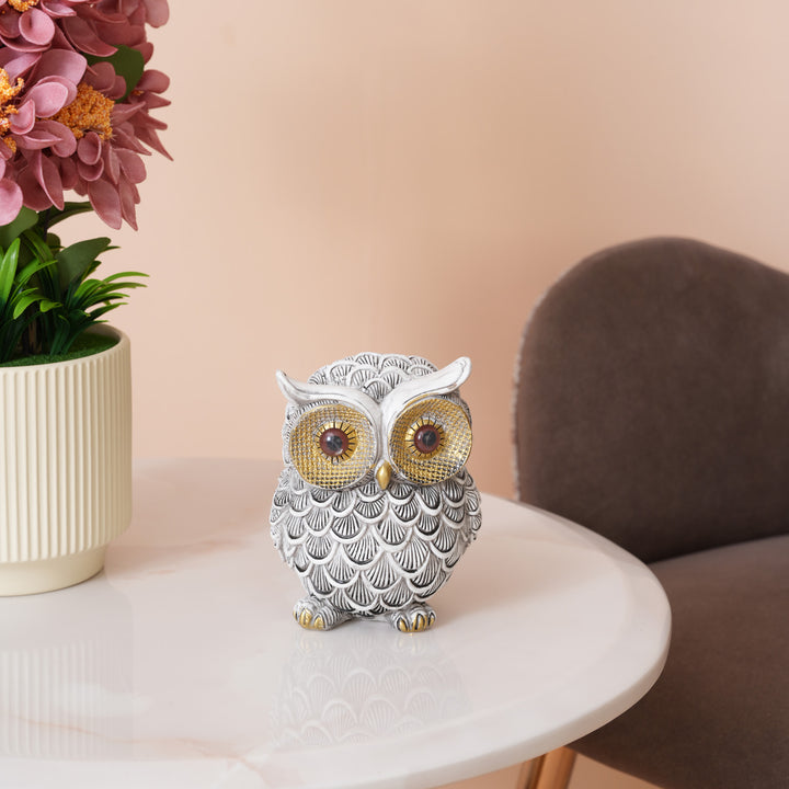 Textured White and Gold Resin Owl Sculpture