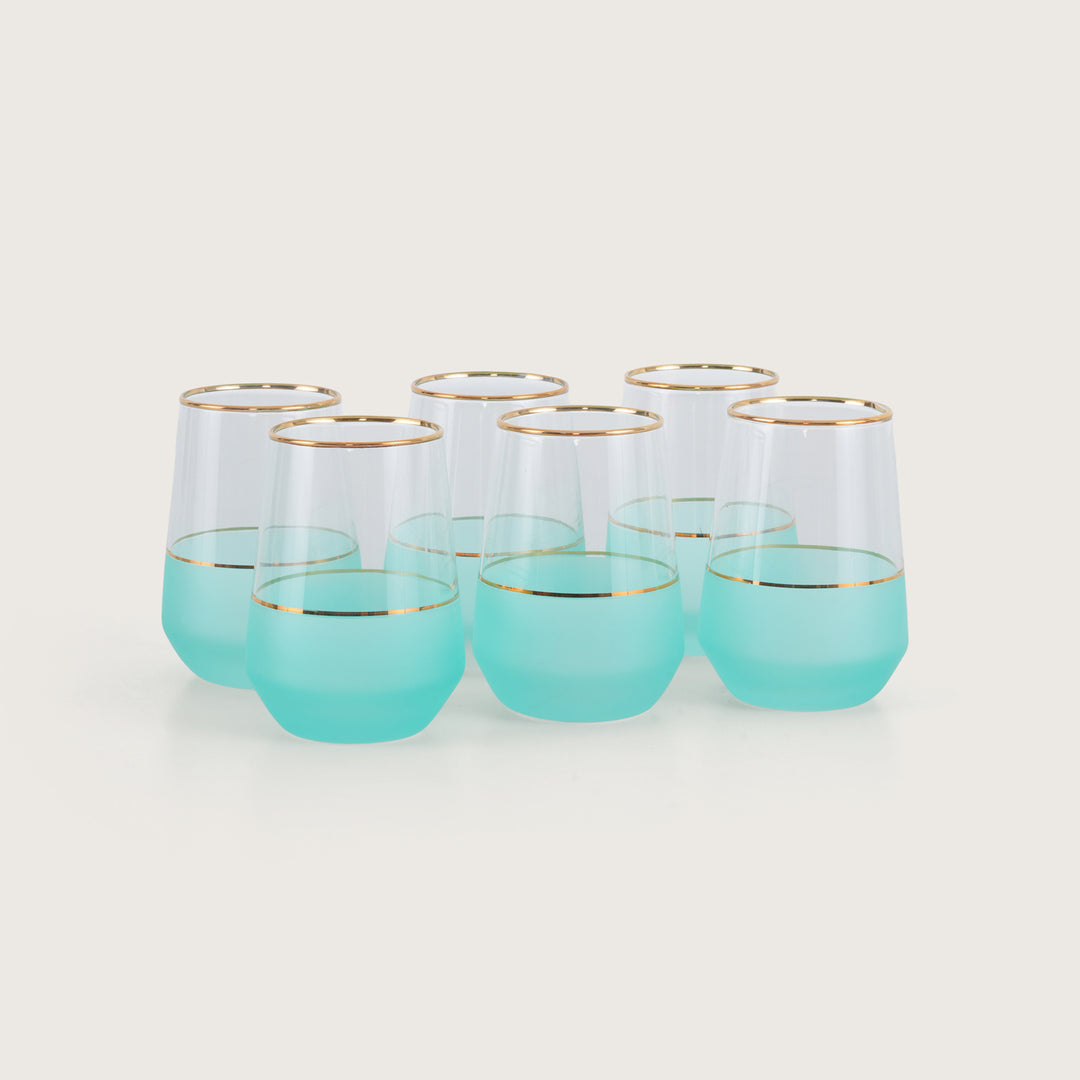 Frosted Turquoise  Glass Tumblers with Gold Trim Set of 6