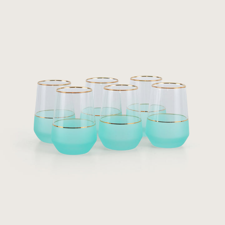 Frosted Turquoise  Glass Tumblers with Gold Trim Set of 6