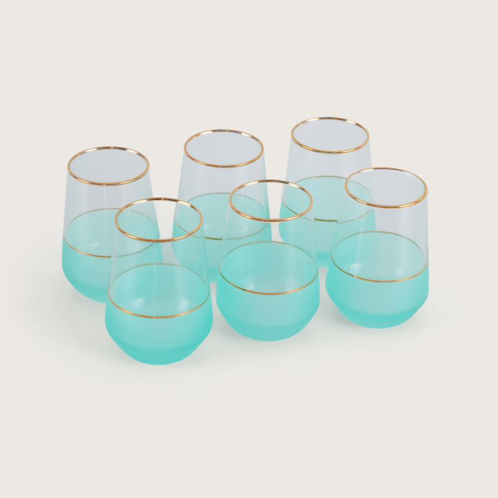 Frosted Turquoise  Glass Tumblers with Gold Trim Set of 6