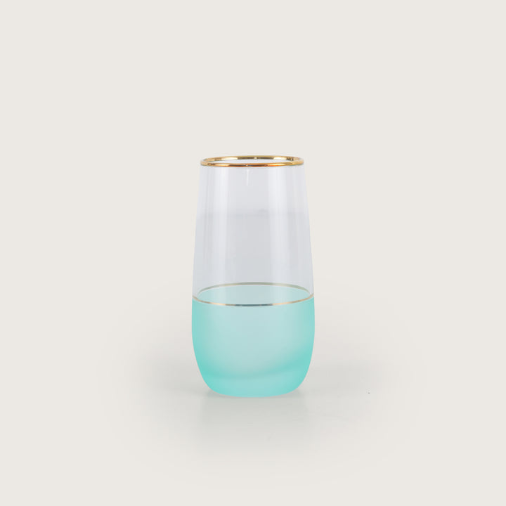 Coastal Mist Frosted Teal Stemless Glasses with Gold Rim