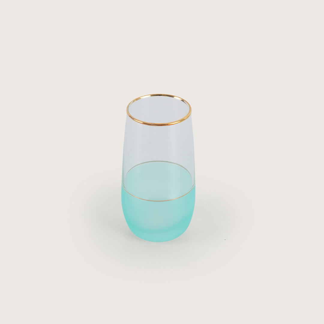 Coastal Mist Frosted Teal Stemless Glasses with Gold Rim