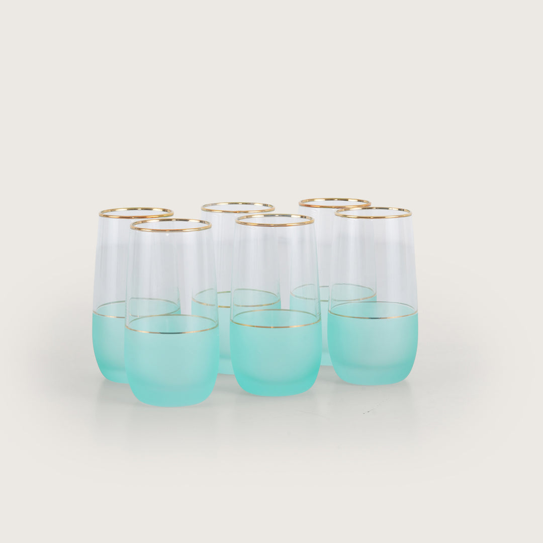 Coastal Mist Frosted Teal Stemless Glasses with Gold Rim