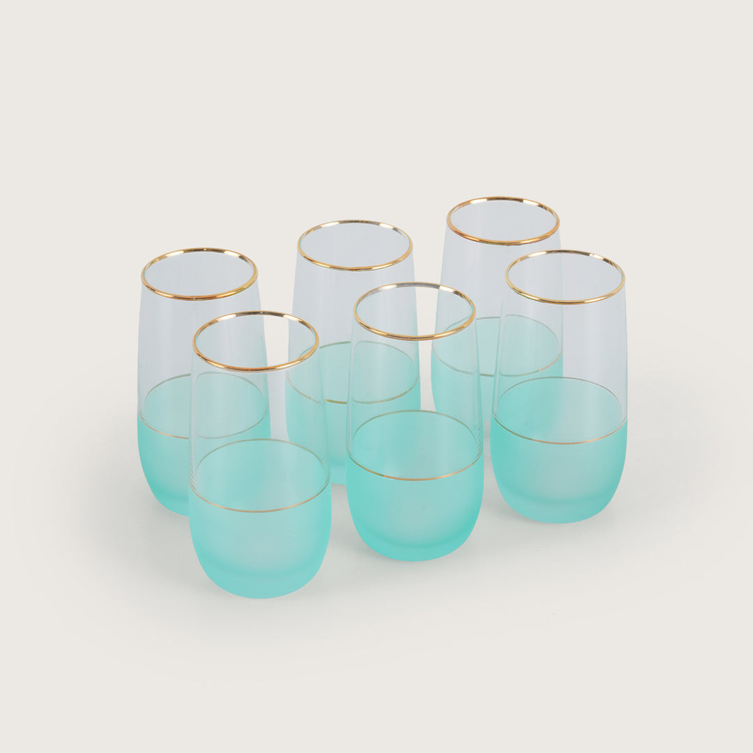 Coastal Mist Frosted Teal Stemless Glasses with Gold Rim
