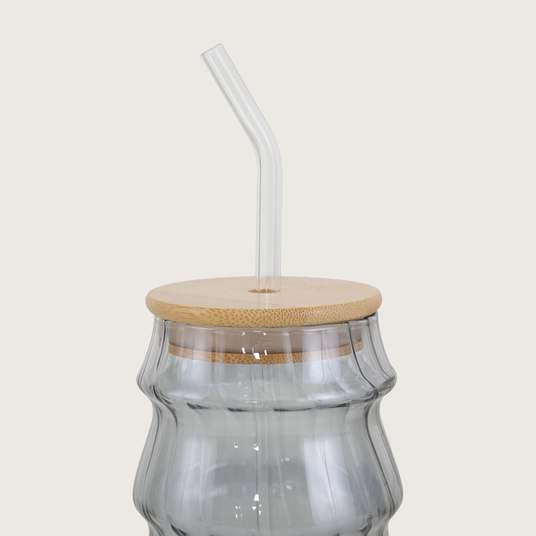 Grey Ripple Glass Tumbler with Bamboo Lid and Glass Straw